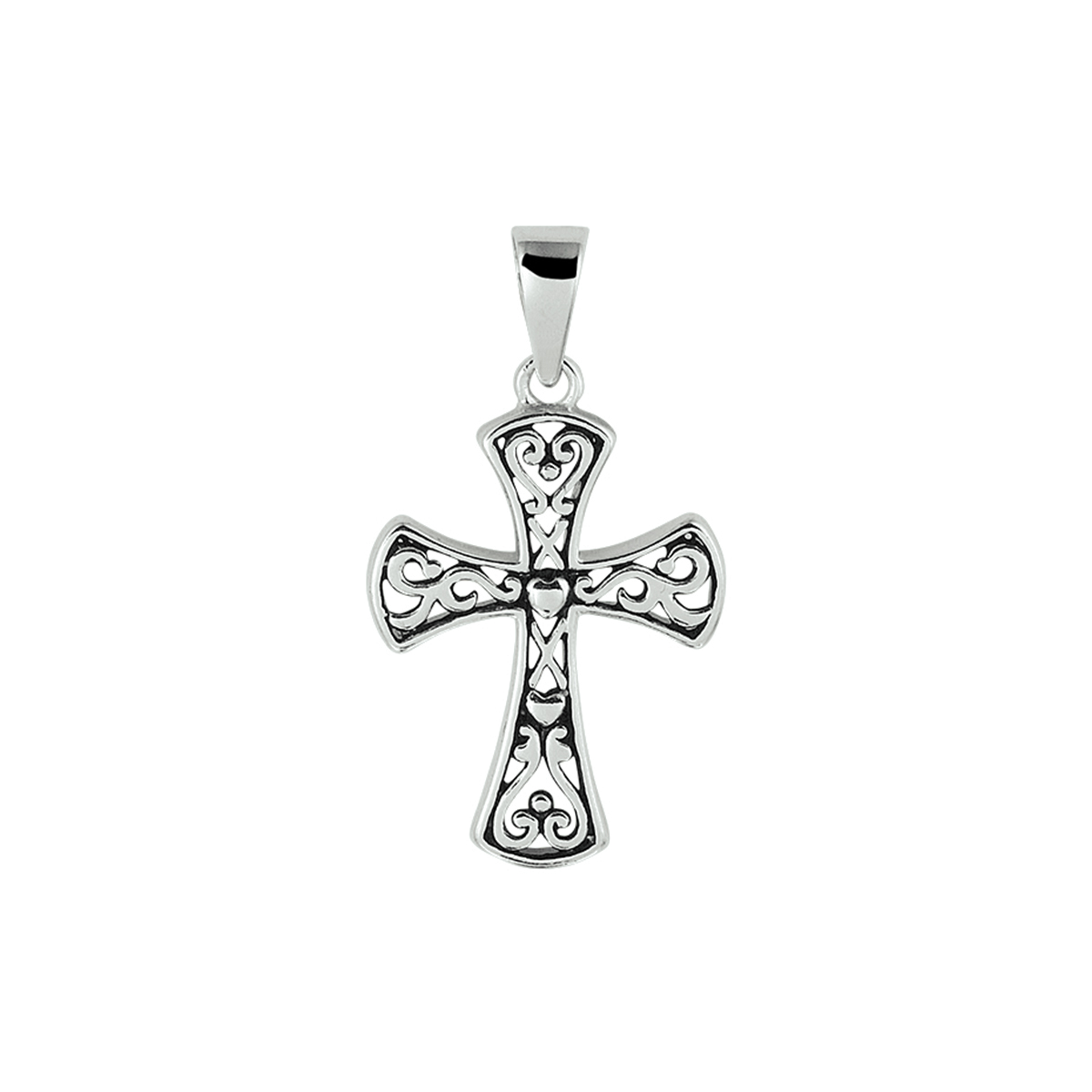 Zilver geoxideerde filigrain hanger in de vorm van een kruis uitgevoerd met een stevig hangoog. Het kruis heeft een afmeting van 21x16mm. De hanger is ook goed te combineren met een bijpassend collier uit onze collectie.