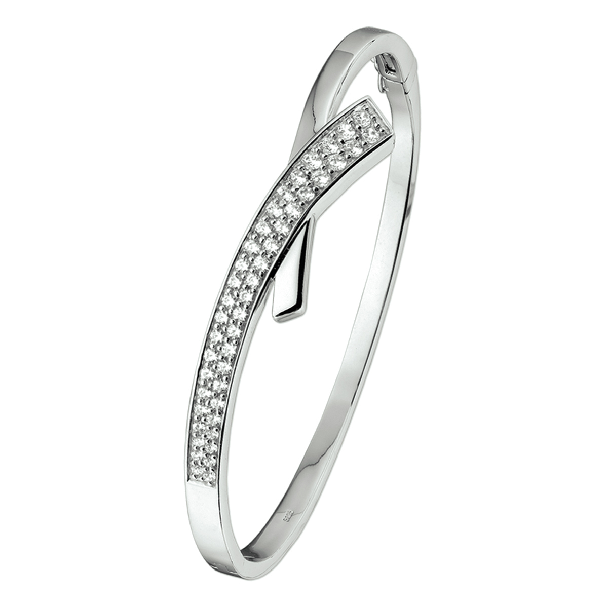 Gerhodineerd zilveren bangle met zirkonia. De armband heeft een scharnier-sluiting en is onderdeel van een set.