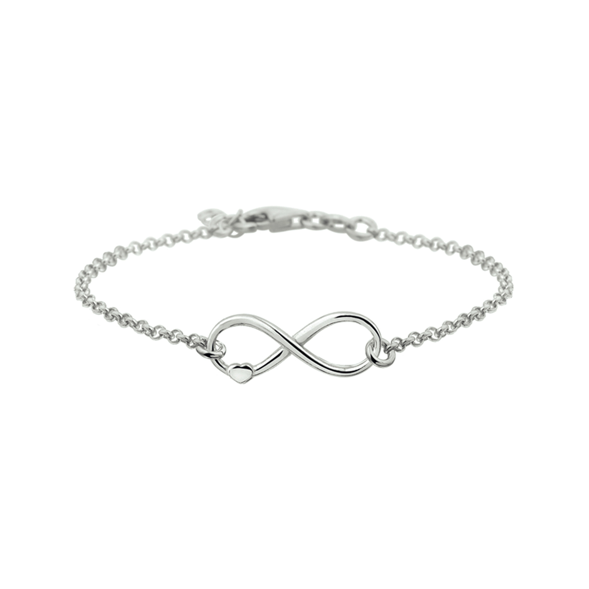Gerhodineerd zilveren armband met infinity teken en een hart. De armband is onderdeel van een set. De lengte bedraagt 17cm met 2cm extensie. De schakelbreedte bedraagt 2.0mm.