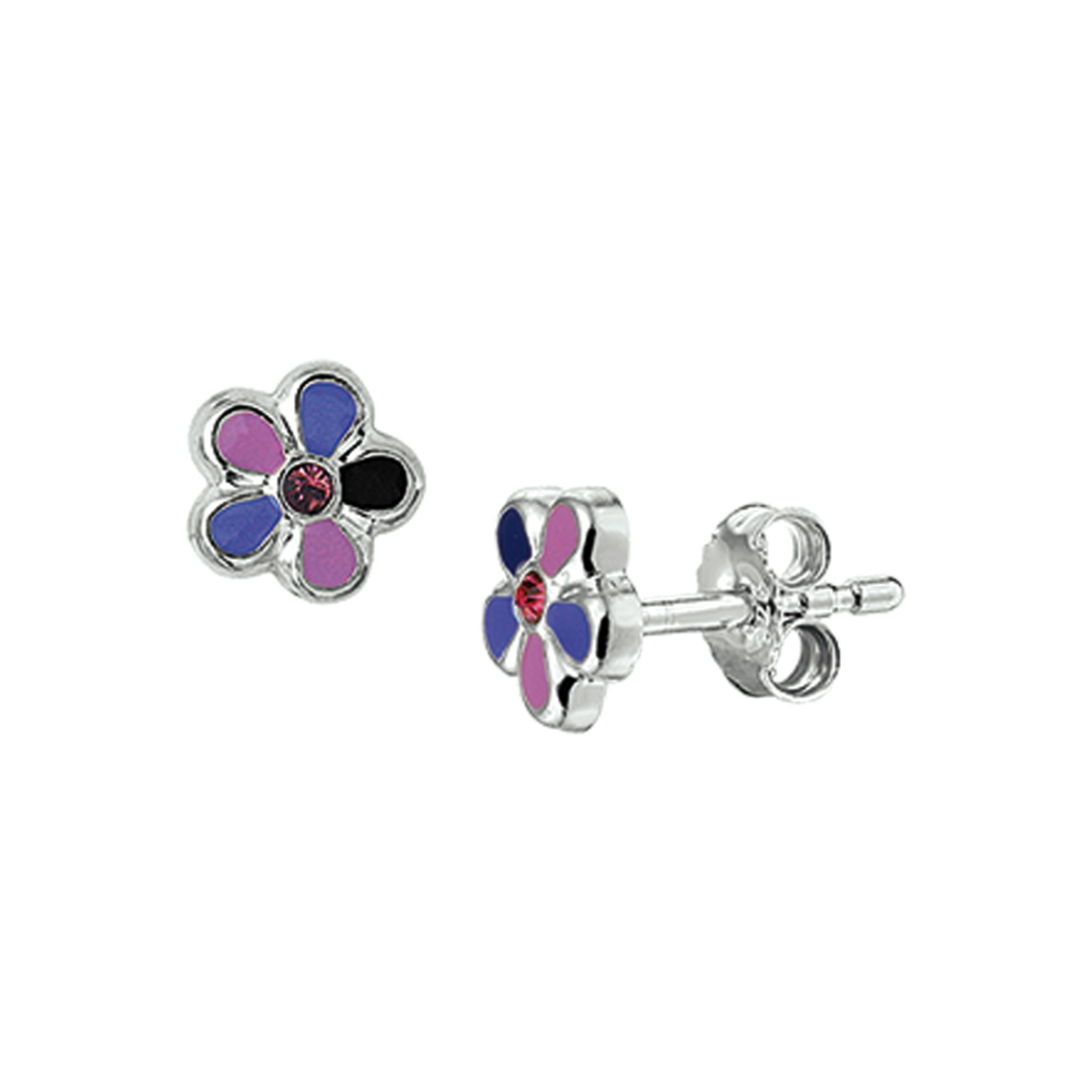 Gerhodineerde zilveren oorknoppen van de kids collectie Silver Girls Jewels. De sieraden worden per stuk op kaart geleverd met een advies winkelverkoopprijs.