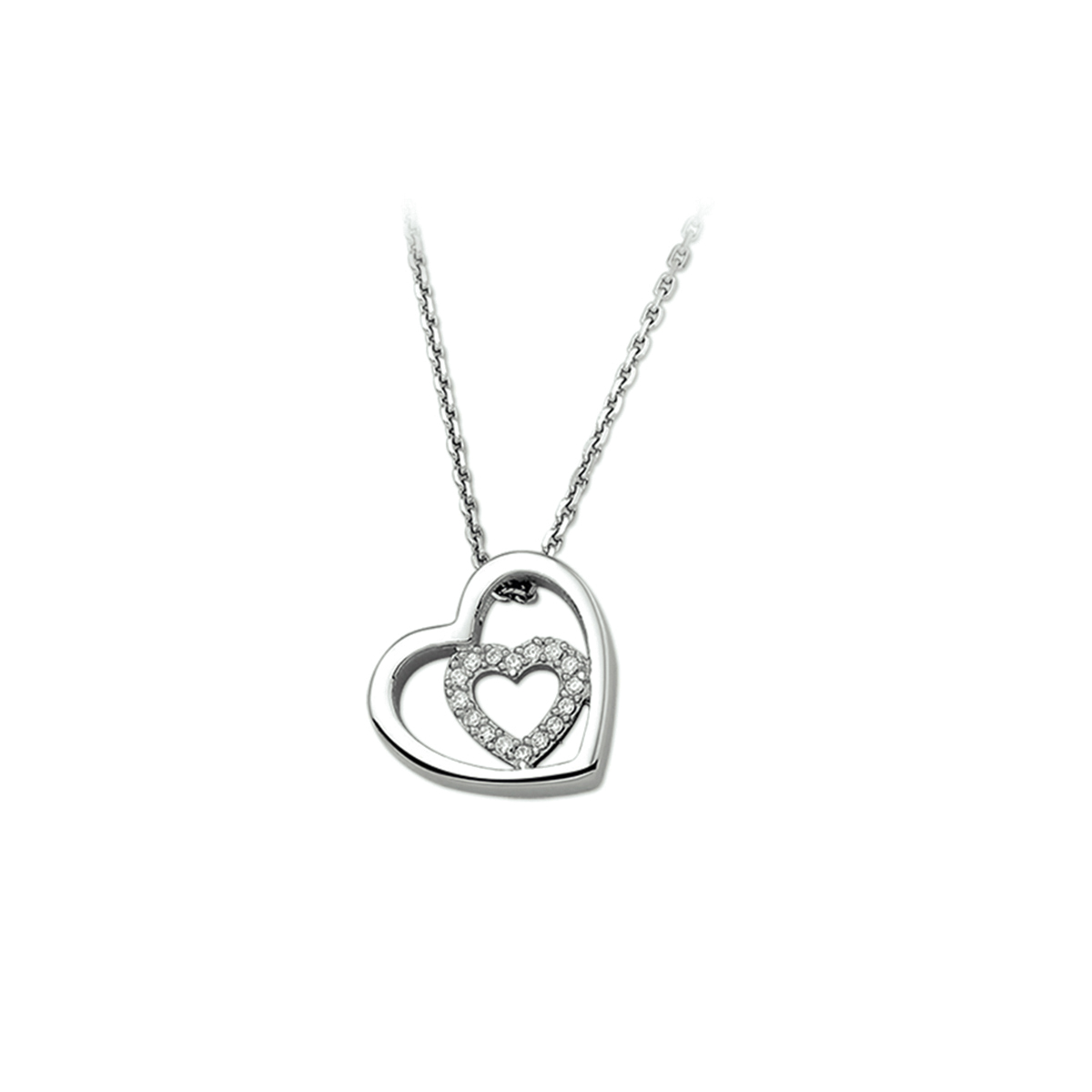 Gerhodineerd zilveren collier met harten en zirkonia. De lengte van het collier bedraagt 41cm met 4cm extensie. De schakelbreedte bedraagt 1.3mm.