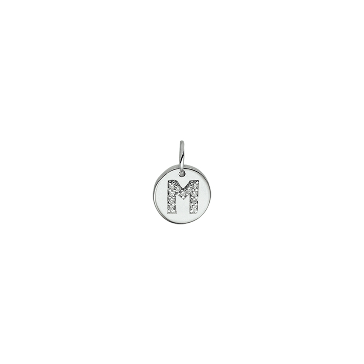Gerhodineerd zilveren hanger met de letter M en zirkonia.
