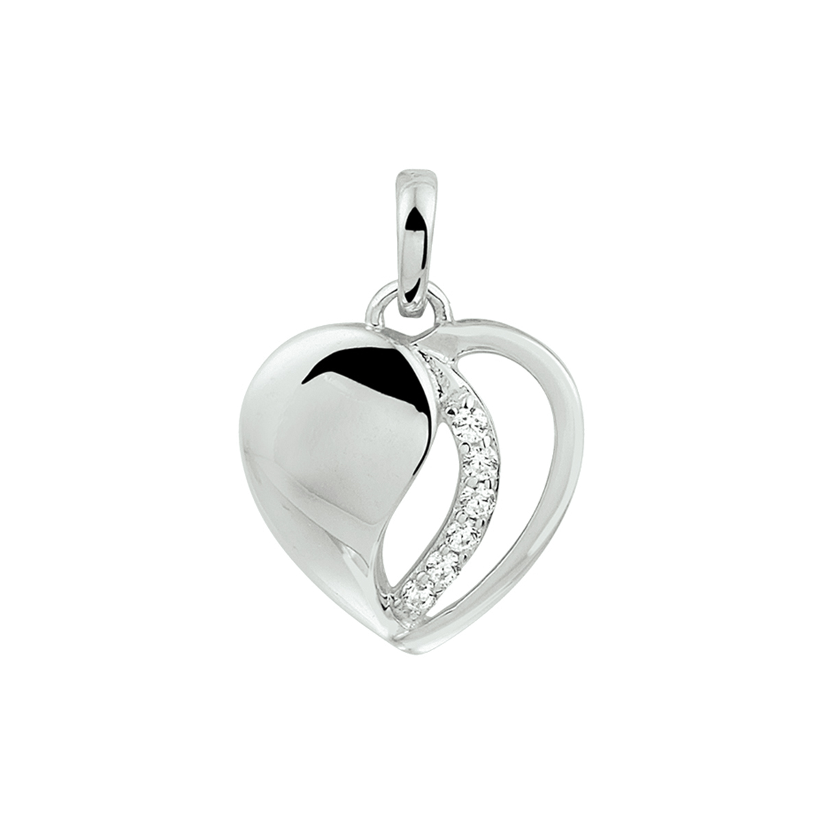 Romantische gerhodineerd zilveren hart hanger met een afmeting van 12.5x12.5mm uitgevoerd met een schitterende rij van zirkonia. De hanger is ook goed te combineren met een bijpassend collier uit onze collectie. De combinatie van de sprankelende zirkonia en het bijzondere hart is een originele toevoeging aan jouw sieradencollectie!