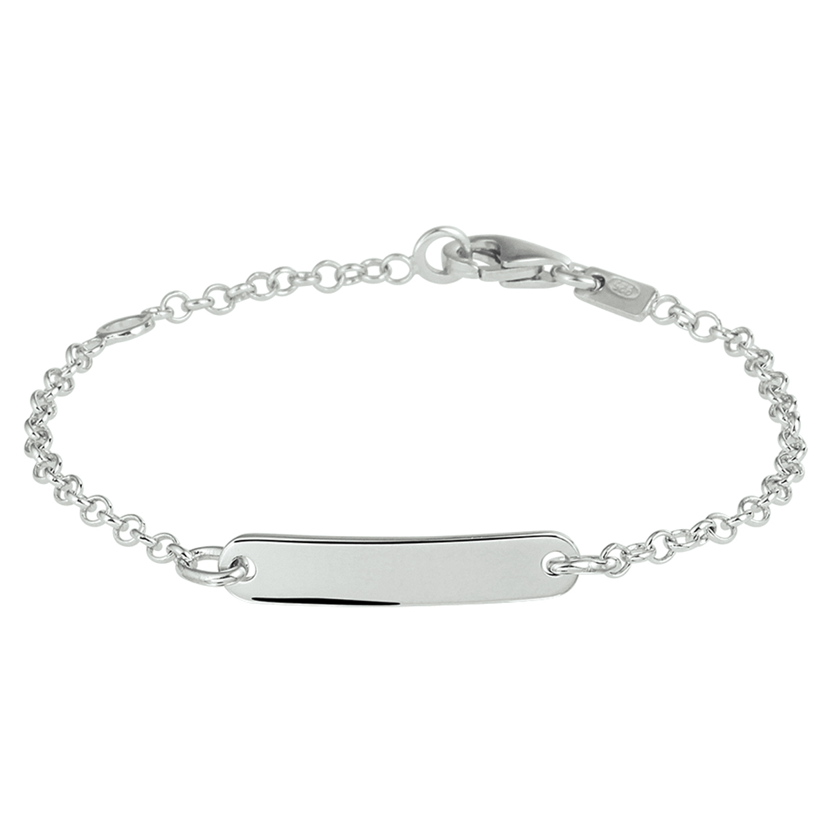 Gerhodineerd zilveren kinder graveerarmband uitgevoerd met een plaat van 4x20mm en een karabijn sluiting. De schakelbreedte is 2.0mm. Info: Gerhodineerd zilver is door de rhodiumlaag beter bestand tegen verkleuren en krassen.