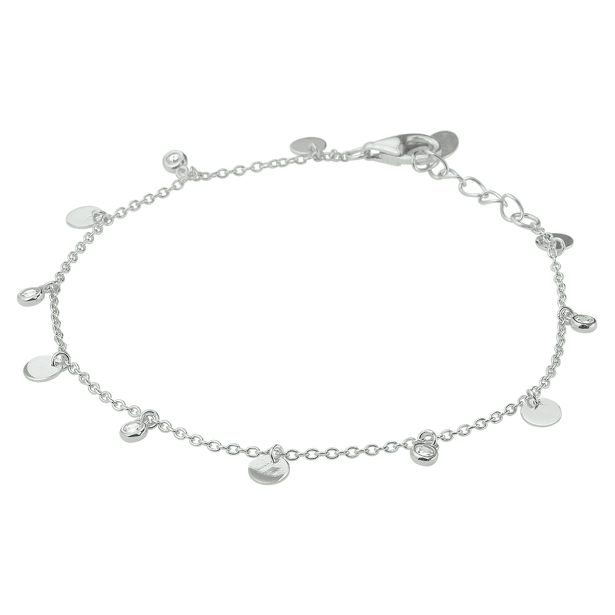 Gerhodineerd 925 zilveren armband uitgevoerd met zirkonia en rondjes. De armband heeft een draaglengte van 16.5cm met een extensie van 2cm en een stevige karabijn sluiting. De rondjes met zirkonia hebben een diameter van 3mm en de rondjes een diameter van 4mm. De schakelbreedte is 1.2mm.