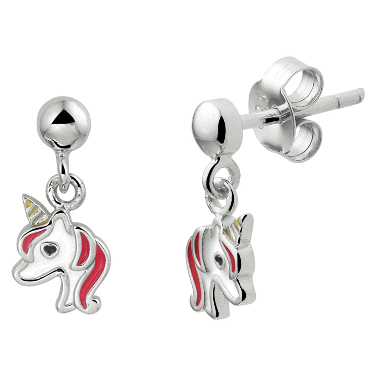 Gerhodineerd 925 zilveren oorhangers uitgevoerd met een eenhoorn. De oorhangers hebben een totale hoogte van 1.3cm en een breedte van 6mm.