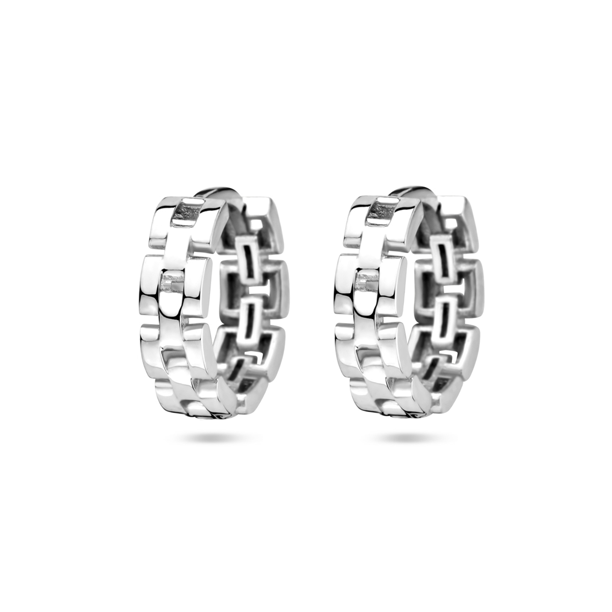 Gerhodineerd 925 zilveren klapoorringen met een schakelmotief. De oorringen hebben een diameter van 12mm.