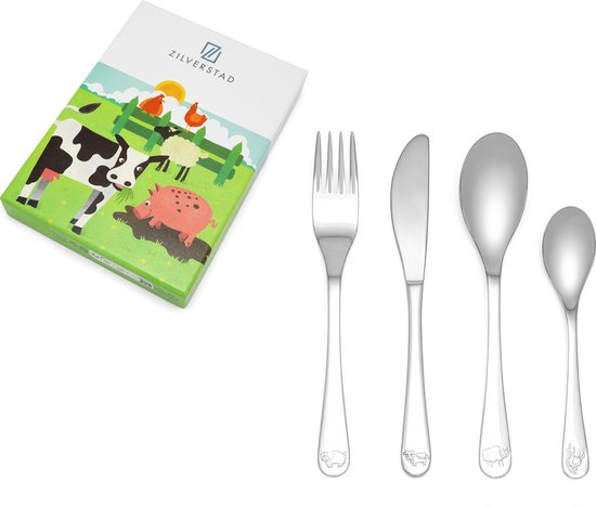 Kindercouvert Boerderijdieren4-delig bestaat uit vork, mes, eetleper en een desertlepel. De 4-delige roestvrijstalen kinderbestek wordt geleverd in een mooie geschenkdoos.