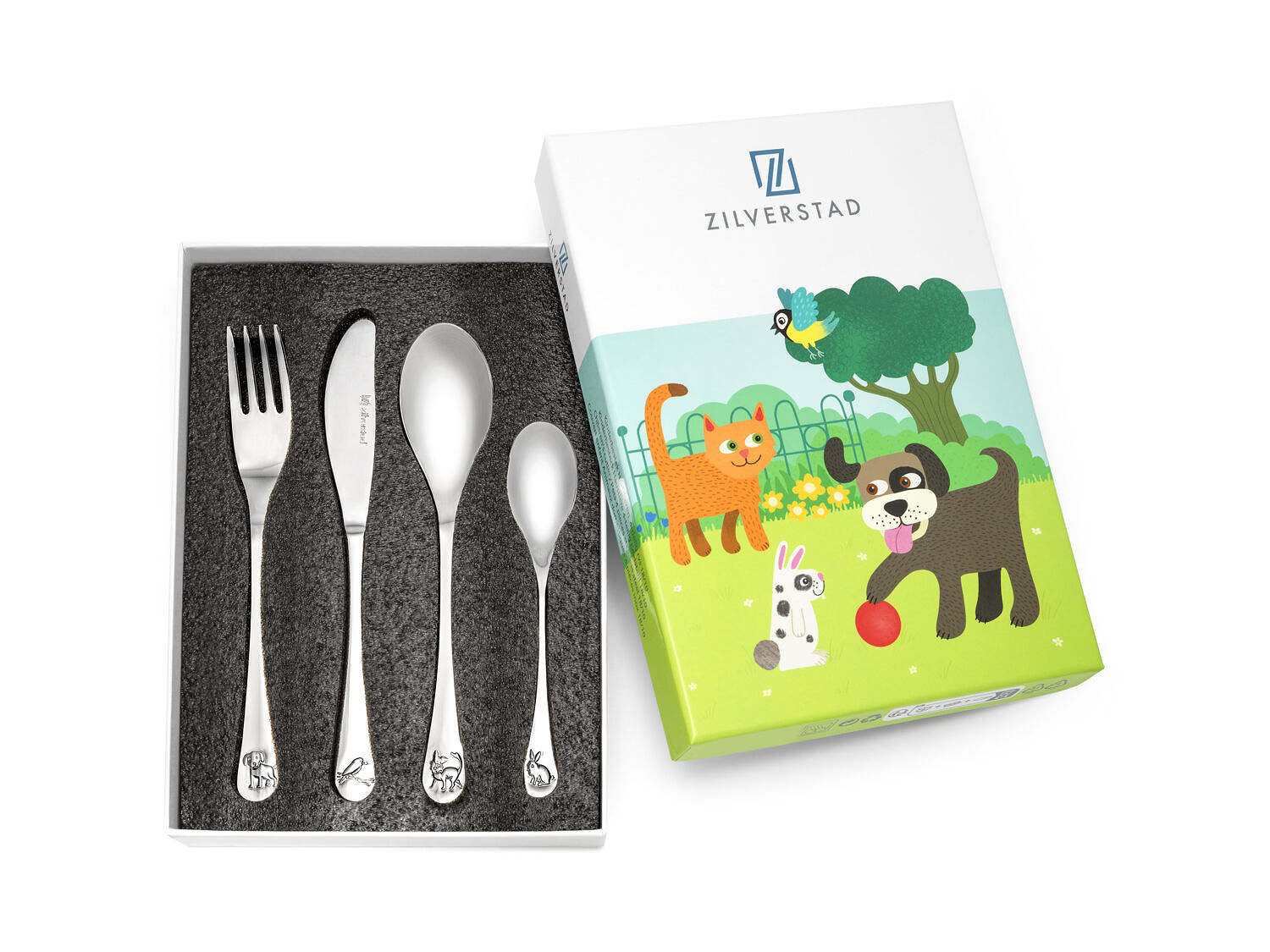 Kinderbestek 4-delig huisdieren.
4-delig bestek set, gemaakt van edelstaal, vaatwasser bestendig.
