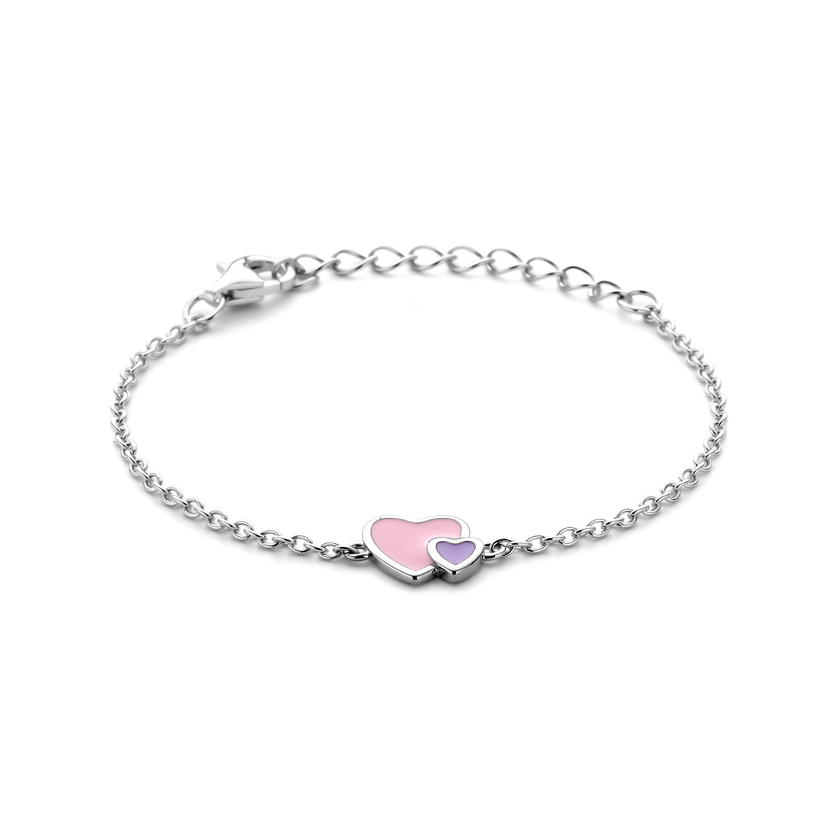 Zilveren armband uitgevoerd met twee harten, met roze en paars emaille. De armband heeft een draaglengte van 11cm met 3cm extensie. De schakelbreedte is 1.5mm. De armband heeft een karabijn sluiting.