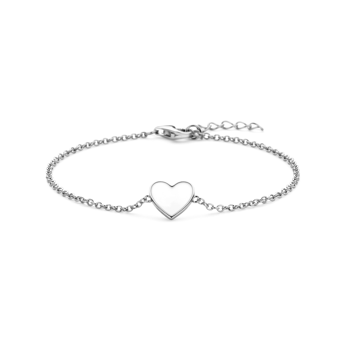 Gerhodineerd 925 zilveren armband uitgevoerd met een hart en wit emaille. De armband heeft een draaglengte van 16cm met 2cm extensie. Uitgevoerd met karabijn sluiting. De schakelbreedte is 1mm.