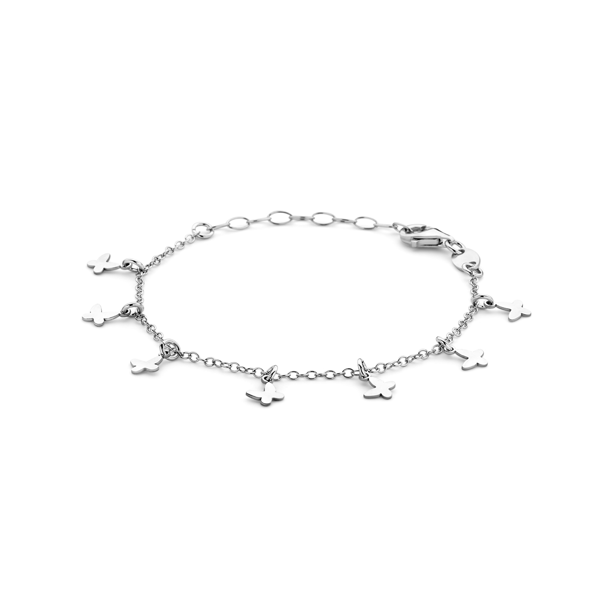 Gerhodineerd 925 zilveren armband uitgevoerd met vlinders. De armband heeft een draaglengte van 13cm en een extensie van 3cm. Uitgevoerd met karabijnsluiting.