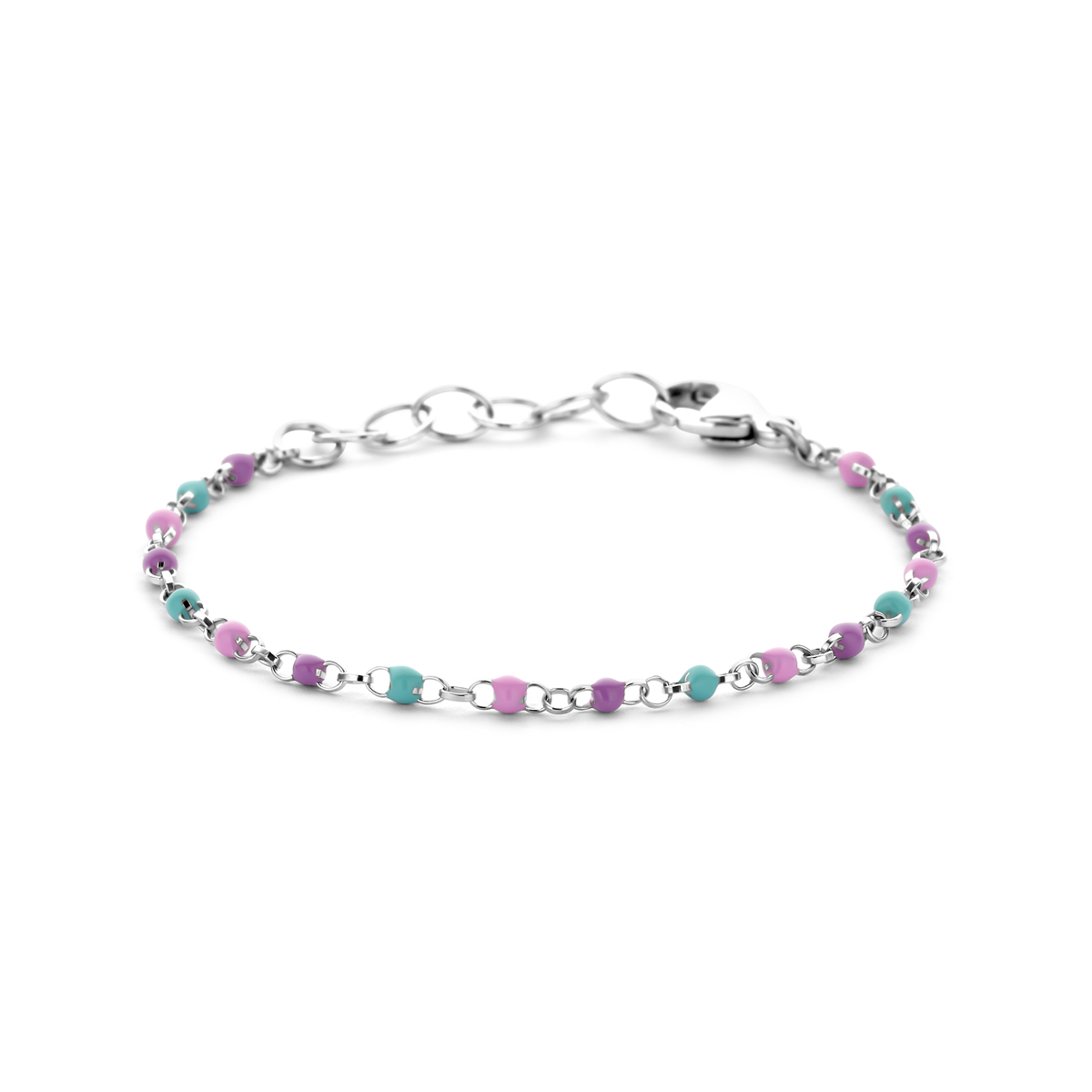 Gerhodineerd 925 zilveren armband uitgevoerd met emaille bolletjes. De armband heeft een draaglengte van 11cm en een extensie van 2cm. Uitgevoerd met karabijnsluiting. De schakelbreedte is 1.7mm.