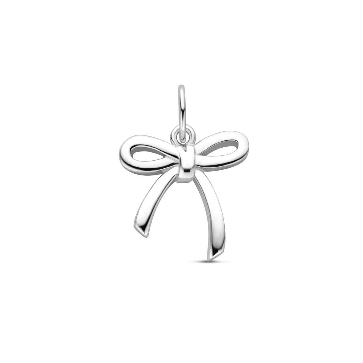 Gerhodineerd 925 zilveren hanger uitgevoerd in de vorm van een strikje. De hanger heeft een totale hoogte van 16mm en een afmeting van 13x11.5mm.