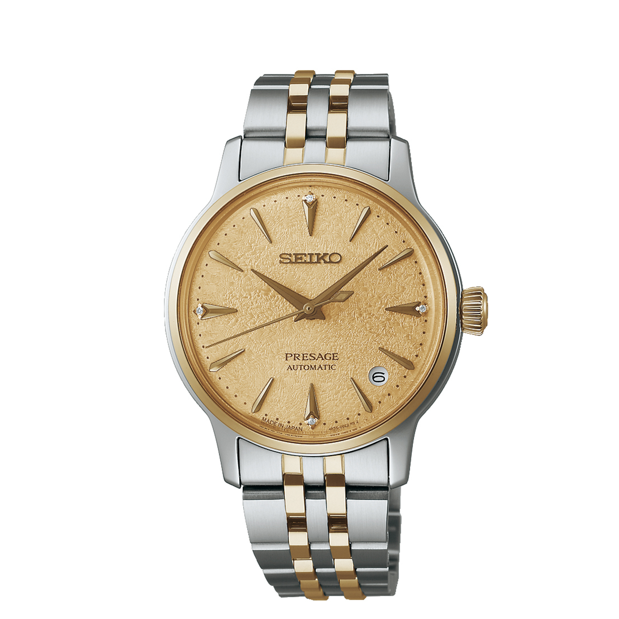 SRPL64J1. Seiko dameshorloge. Presage automaat. Bicolor band, stalen kast met een champagne kleurige wijzerplaat. 
