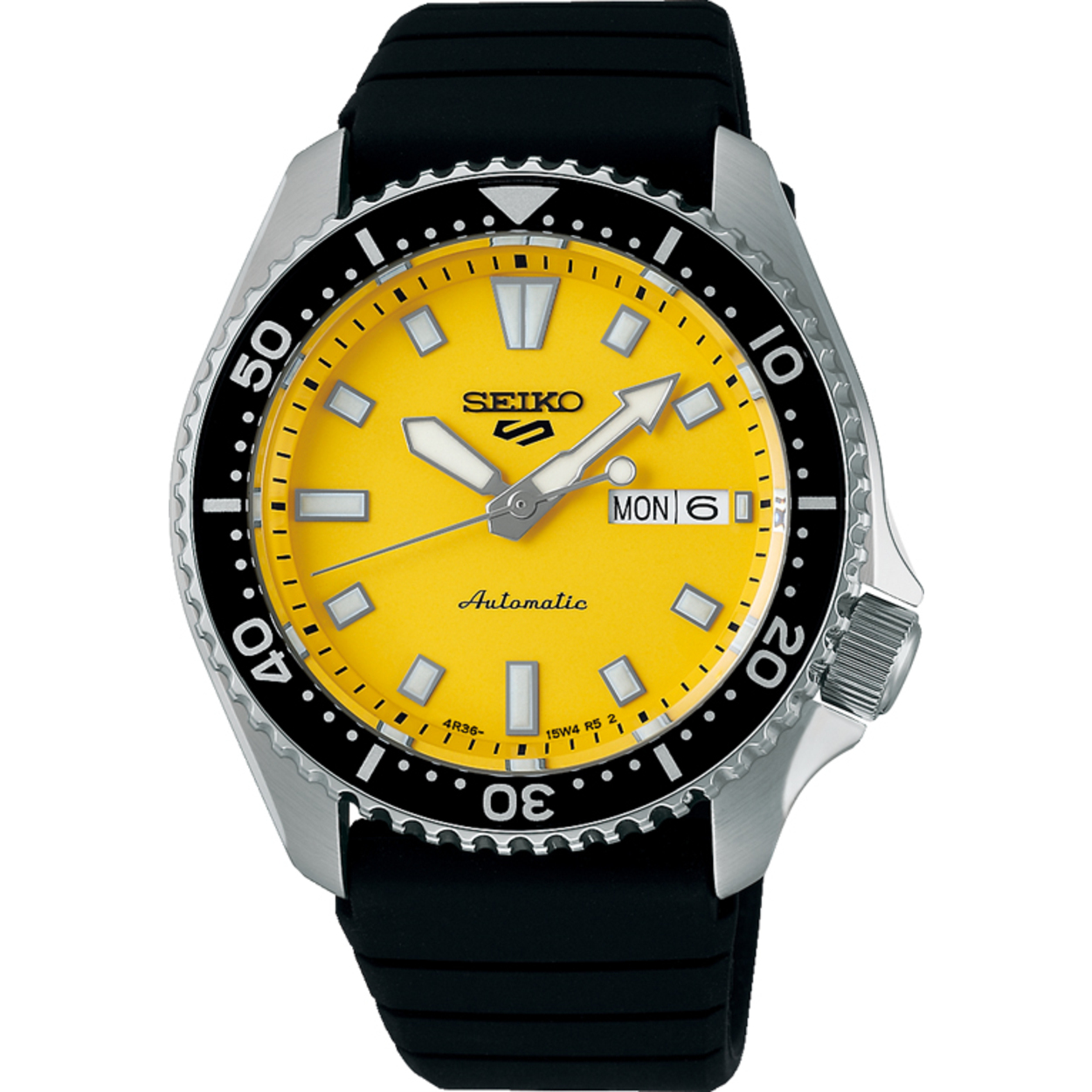 SRPL87K1. Seiko herenhorloge automaat. Zwart rubberen band, stalen kast met een gele wijzerplaat. 