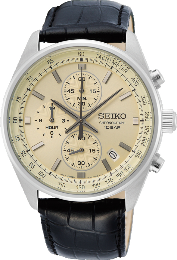 Dit herenhorloge is van het merk Seiko. Het is een chronograaf horloge gemaakt van leer. De diameter van de kast is 41.5 mm en de kast is 12 mm dik.
De verdere specificaties van het horloge zijn als volgt:
Glassoort: hardlex mineraal glas
Bandbreedte: 20
Kastmateriaal: staal
Waterdichtheid: 5 ATM
Techniek: quartz