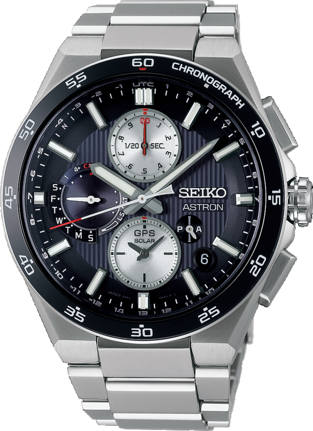 SEIKO ASTRON
Het SEIKO 5X83 kaliber is een prestigieuze analoge GPS Solar Dual-Time Chronograaf. Dit horloge kan met een eenvoudige druk op de knop overal ter wereld zich instellen op de juiste tijdzone en hiermee de juiste lokale tijd weergeven. Op de wijzerplaat geeft de GPS-signaal indicator aan of het horloge verbinding maakt met het wereldwijde GPS netwerk. Ook laat het horloge zien met hoeveel satellieten het horloge verbinding maakt. Voor het bepalen van de juiste tijdzone is er verbinding nodig met minimaal 4 satellieten. Indien het horloge volledig is opgeladen maakt het horloge tot 2 keer per dag satellietverbinding met één satelliet om de tijd te corrigeren. Hierdoor is het 5X83 GPS Solar horloge extreem accuraat en kent het horloge slechts een afwijking van 1 seconde per 100,000 jaar. Indien nodig kan de lokale tijd ook handmatig worden gewijzigd. De slimme Perpetual Calendar functie zorgt ervoor dat het horloge tot het jaar 2100 altijd de juiste datum aangeeft. Het horloge beschikt over een Dual-Time, in-flight mode, een automatische DST aanpassing en het horloge beschikt over een chronograaf functie. De stopwatch kan tot 12 uren in stappen van 1/20 seconde meten. Een tussentijdsfunctie is voorzien. Een tweede tijd wordt weergegeven op de subdial op de wijzerplaat en een aparte AM/PM-indicatie. De ingebouwde horloge micro-GPS ontvanger verbruikt zó weinig energie, dat alle functies optimaal functioneren op lichtenergie, die wordt gegenereerd door de Solar wijzerplaat. 
