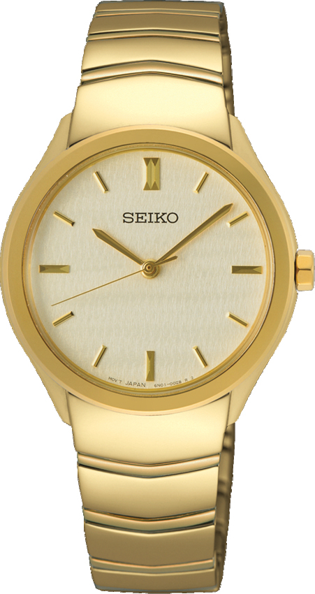 Dit is een dameshorloge van het merk Seiko. Het is een analoog horloge gemaakt van staal. De diameter van de kast is 30 mm en de kast is 7 mm dik.
De verdere specificaties van het horloge zijn als volgt:
Kastvorm: rond
Kastkleur: goudkleurig
Kastmateriaal: staal
Bandbreedte: 7.6 mm
Bandlengte: 220 mm
Sluiting: vouwsluiting met drukker
Wijzerplaatkleur: champagne
Glassoort: hardlex mineraal glas
Waterdichtheid: 5 ATM
Techniek: quartz