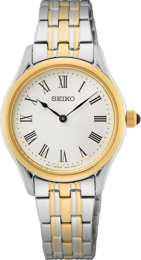 Dit is een dameshorloge van het merk Seiko. Het is een analoog horloge gemaakt van staal. De diameter van de kast is 29 mm en de kast is 7 mm dik.
De verdere specificaties van het horloge zijn als volgt:
Kastvorm: rond
Kastkleur: tweekleurig
Kastmateriaal: staal
Bandbreedte: 12 mm
Bandlengte: 196 mm
Sluiting: vouwsluiting met drukker
Wijzerplaatkleur: wit
Glassoort: saffier glas
Waterdichtheid: 5 ATM
Techniek: quartz