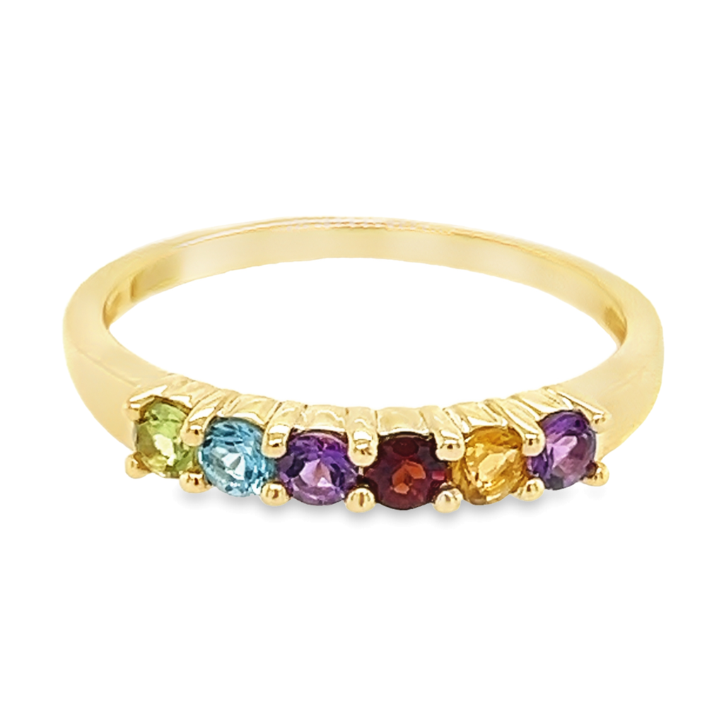 Geelgouden ring met 6 edelstenen rond 2,45mm (regenboog)
Materialen: Goud 585
Materiaal kleur: Geel
Stenen: Amethist, Citrien, Rhodolite, Topaas, Peridot