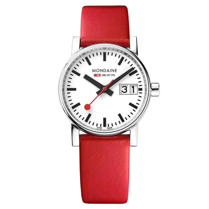 Mondaine - MSE.30210.LC - Evo2
Dit design dameshorloge uit de Mondaine Evo2 serie is een stijlvol horloge met datumaanduiding uit de eerste &lsquo;Official Swiss Railway Watch&rsquo; serie. Het horloge heeft krasvast saffierglas en een glanzende licht gebolde horlogekast met een kastdiameter van 30 mm. De band van het horloge is van leer. 

HET MERK 
The Official Swiss Railway Watch. Gebaseerd op de offici&euml;le stationsklok van de Zwitserse spoorwegen, is 30 jaar geleden de horlogelijn onder het merk Mondaine opgezet. Zwitserse kwaliteitsuurwerken, net zo punctueel als de Zwitserse treinen. 
Een echte design klassieker met een unieke wijzerplaat en de wereldberoemde rode secondewijzer met bolletje. Herkenbaar uit duizenden.

SPECIFICATIES
- Duidelijke datumaanduiding
- Krasvast saffierglas
- Licht gebolde kastvorm, &Oslash; 30 mm
- Glanzende stalen horlogekast
- Witte wijzerplaat van de originele stationsklok
- Rood lederen horlogeband met glanzende stalen gesp
- Swiss Made