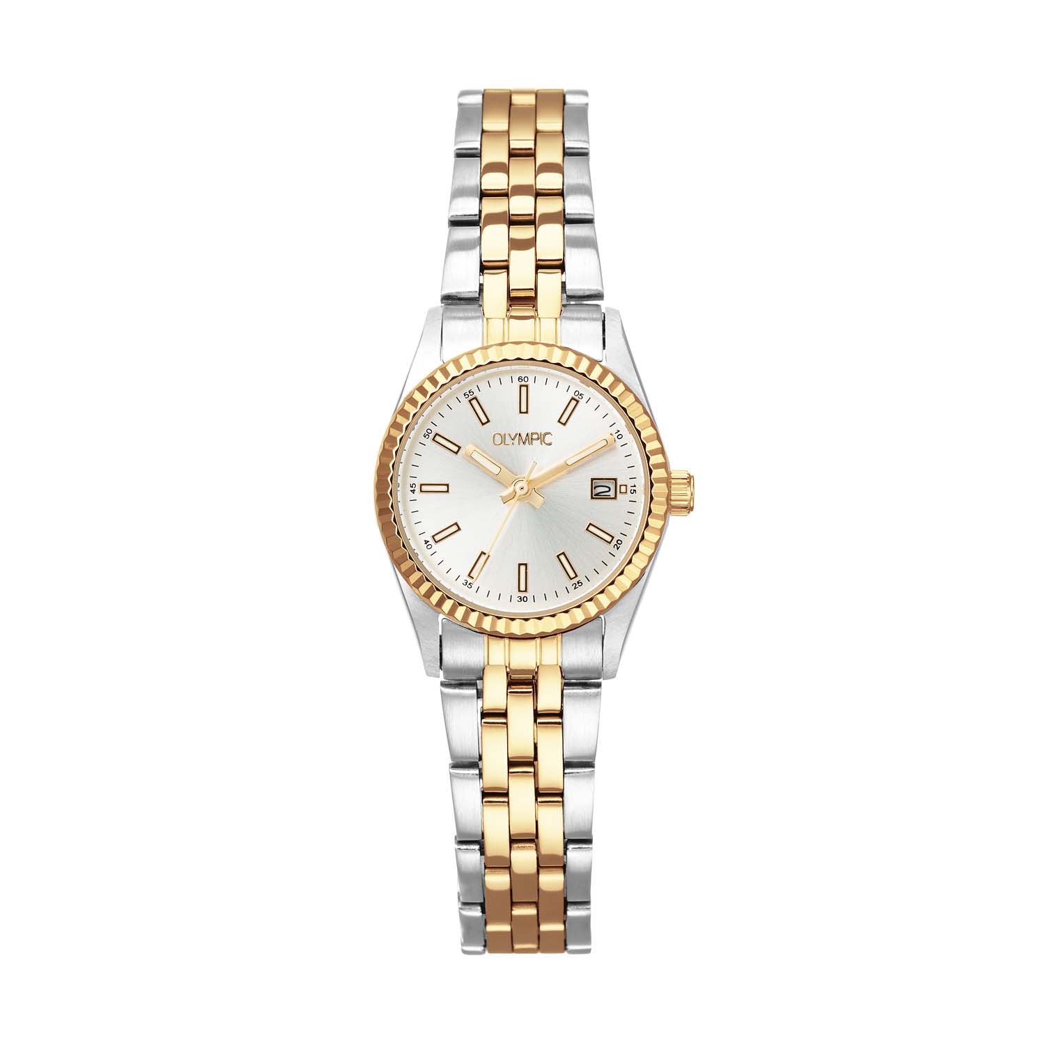 Olympic OL75DSD001B Novi Horloge Staal 26mm 
Dit unieke Olympic horloge met artikelnummer: OL75DSD001B is een dameshorloge met een chique sportieve uitstraling. Het horloge heeft een ronde stalen kast met een geribbelde goudkleurige bezel, een zilverkleurige wijzerplaat en een datum en lumibrite in de uursaanduiding. Aan de kast zit een fijne stalen bicolor schakelband met druksluiting. Het horloge heeft een mineraalglas, een schroefdeksel, een doorsnee van 26mm en is 5ATM.

Het merk:
Het Nederlandse horlogemerk Olympic levert stoere chronografen, slimline series, digitale uurwerken en elegante dameshorloges. De prijs-kwaliteitverhouding staat bij Olympic hoog in het vaandel met prijzen die uiteenlopen van € 34,95 tot en met € 159,00.

100% Nederlands ontwerp, waterdicht en standaard 3 jaar fabrieksgarantie.

Specificaties:
- Ronde kast Ø 26mm
- Stalen horlogekast
- Zilverkleurige wijzerplaat
- Stalen schakelband
- 5ATM 
- Standaard 3 jaar fabrieksgarantie
- Mineraalglas