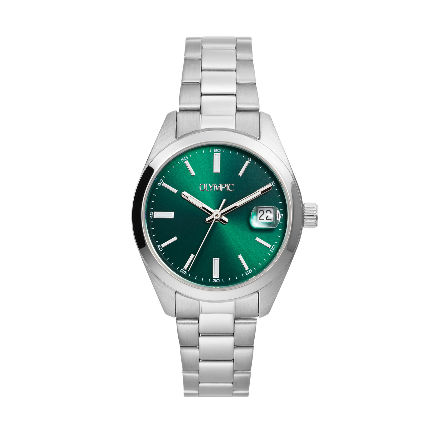 Olympic OL75DSS003 Louise Horloge Dames Staal 33mm 
Dit unieke Olympic horloge met artikelnummer: OL75DSS003 is een classic dameshorloge. Het horloge heeft een stalen kast met een glanzende bezel, een groene wijzerplaat met streepjes als uursaanduiding en een datum. Aan de kast zit een stalen schakelband met een vouwsluiting. Het horloge heeft een mineraalglas, een doorsnee van 33mm en is 5ATM.

Het merk:
Het Nederlandse horlogemerk Olympic levert stoere chronografen, slimline series, digitale uurwerken en elegante dameshorloges. De prijs-kwaliteitverhouding staat bij Olympic hoog in het vaandel met prijzen die uiteenlopen van € 34,95 tot en met € 159,00.

100% Nederlands ontwerp, waterdicht en standaard 3 jaar fabrieksgarantie.

Specificaties:
- Ronde kast Ø 33mm
- Stalen horlogekast
- Groene wijzerplaat
- Stalen schakelband
- 5ATM 
- Standaard 3 jaar fabrieksgarantie
- Mineraalglas