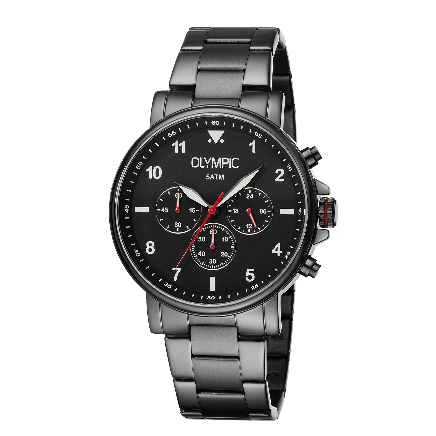 Olympic OL89HGG002 Jack Horloge Heren Staal 44mm 
Dit unieke Olympic horloge met artikelnummer: OL89HGG002 is een heren horloge met een stoere uitstraling. De stalen kast heeft een gladde bezel en een grijze wijzerplaat met een chronograaf. De uursaanduiding is opvallend door de lumibrite en rode strepen en wijzers. Dit geeft het horloge een stoer uiterlijk. Aan de stalen kast zit een gunmetal stalen schakelband met een vouwsluiting. Het horloge heeft een mineraalglas, een doorsnee van 44mm en is 5ATM.

Waterdichtheid 5ATM
Dit horloge is bestand tegen water bij het zwemmen en douchen. Dit horloge is niet bestand tegen (grote) waterdruk dus je kunt er niet mee duiken.

Het merk:
Het Nederlandse horlogemerk Olympic levert stoere chronografen, slimline series, digitale uurwerken en elegante dameshorloges. De prijs-kwaliteitverhouding staat bij Olympic hoog in het vaandel met prijzen die uiteenlopen van € 34,95 tot en met € 159,00.

100% Nederlands ontwerp, waterdicht en standaard 3 jaar fabrieksgarantie.

Specificaties:
- Ronde kast Ø 44mm
- Stalen horlogekast
- Grijze wijzerplaat
- Stalen schakelband
- 5ATM 
- Standaard 3 jaar fabrieksgarantie
- Mineraalglas