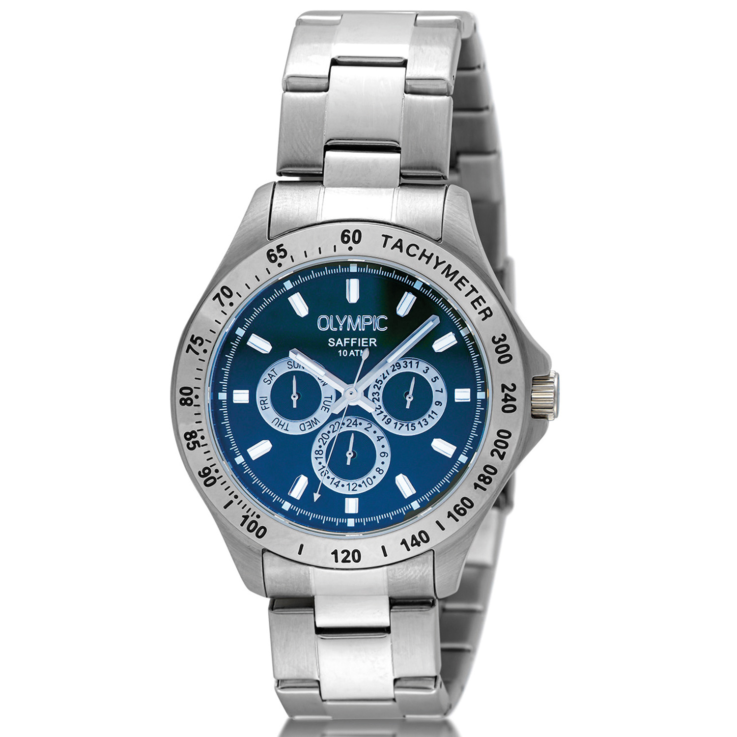 Olympic OL89HSS050 JEFFREY Horloge - Staal - Bracelet - Blauw - 42mm 
Dit unieke Olympic horloge met artikelnummer: OL89HSS050 is een sportief luxe herenhorloge. De stalen kast heeft een zilverkleurige bezel met een tachymeter en een blauwe wijzerplaat. Op de wijzerplaat zit de dag,- datum,- en 24-uursaanduiding met opvallende zilverkleurige accenten. Dit geeft het horloge een stoer uiterlijk. Aan de zilverkleurige kast zit een zilverkleurige schakelband met een vouwsluiting. Het horloge heeft een mineraalglas, een doorsnede van 42mm en is 10ATM.

Waterdichtheid 10ATM
Dit horloge is bestand tegen water bij het zwemmen en douchen. Dit horloge is niet bestand tegen (grote) waterdruk dus je kunt er niet mee duiken.
Waterdichtheid  5ATM
Dit horloge is regen en spatwaterdicht. Niet geschikt om mee te zwemmen en douchen.
Waterdichtheid 3ATM
Dit horloge is spatwaterdicht. Niet geschikt om mee te zwemmen en douchen.

Het merk:
Het Nederlandse horlogemerk Olympic levert stoere chronografen, slimline series, digitale uurwerken en elegante dameshorloges. De prijs-kwaliteitverhouding staat bij Olympic hoog in het vaandel met prijzen die uiteenlopen van € 34,95 tot en met € 159,00.

100% Nederlands ontwerp, waterdicht en standaard 3 jaar fabrieksgarantie.

Specificaties:
- Ronde kast 42mm
- Stalen horlogekast
- Blauwe wijzerplaat
- Stalen schakelband
- 10ATM 
- Standaard 3 jaar fabrieksgarantie
- Mineraalglas