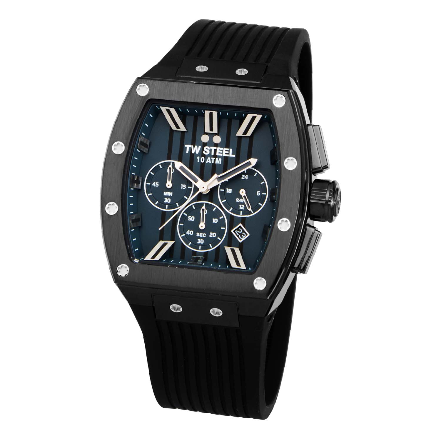 TW Steel Tonneau TWTO4 Staal 42x50mm Deze TW steel uit de Tonneau serie met nr TWTO4 wil je zeker in je collectie hebben. De TWTO4 valt op door zijn aparte rechthoekige zwarte kastvorm met opdruk in de bezel en bij de band aanzet. Het stijlvolle horloge heeft een blauwe wijzerplaat met een datum en een chronograaf. De wijzers zijn ingelegd met lumibrite en de uursaanduiding is zeer exclusief. Direct aan de stalen kast zit een zwarte bewerkte siliconen band. Het horloge heeft een afmeting van 42 bij 50mm, is rechthoekig met ronde vorm en heeft aparte drukknoppen en een schroefkroon. Het horloge heeft wereldwijde garantie van 2 jaar en is 10ATM. Een casual model. Het Merk: TW Steel is een Nederlands horlogemerk. Groot in visie en ongeëvenaard in stijl. Sinds onze oprichting in 2005 geven wij tijd een nieuwe dimensie. Met karakteristieke designs stappen wij af van de gebaande paden. Ons bereik is wereldwijd, of het nu zakelijk, casual of sportief is, bij de horloge collectie van TW Steel gaat het om kwaliteit en precisie. Een horloge dat je persoonlijkheid onderstreept is altijd binnen handbereik. Vorm en functie gaan samen in onze horloges van Zwitserse top kwaliteit. De kunst om je te onderscheiden vergt zelfvertrouwen en lef. TW Steel is niet zomaar een horloge, TW Steel is een statement. Specificaties: - Rechte horloge kast 42x50mm - Blauwe wijzerplaat - Zwarte siliconen band - Gehard mineraalglas - Schroefkroon - 10ATM