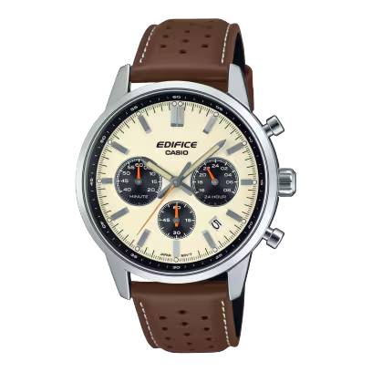 ERF-575L-7AEF. Casio edifice horloge. Bruin lederen band, stalen kast, creme kleurige wijzerplaat. 