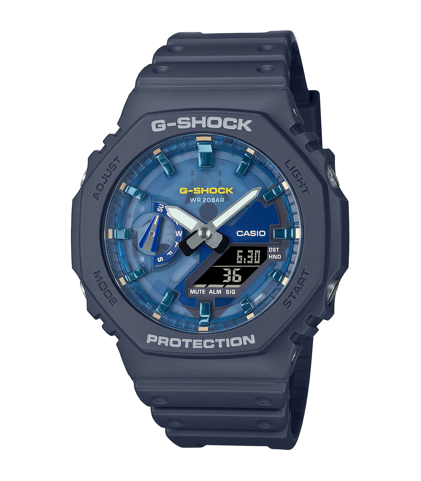 De G-Shock Heren Horloge GA-2100AS-2AER heeft een stoer ontwerp met een blauw plastic-siliconen kast en een comfortabel blauwe band. Het horloge combineert analoge en digitale functies, heeft een datumfunctie en lichtfunctie, en is waterbestendig tot 20 ATM. Perfect bij casual outfits of tijdens avontuurlijke activiteiten dankzij zijn robuuste bouw en stijl.
