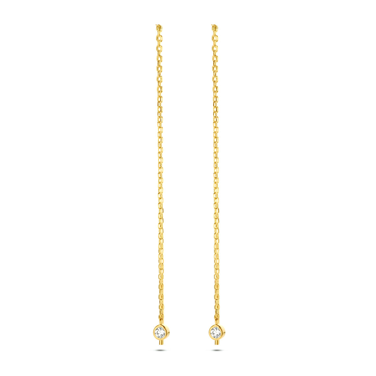 14k Geelgouden doortrekoorbellen met een totale lengte van 9.5cm uitgevoerd met een 0.8mm schakel en een zirkonia in de vorm van rondje van 2.5mm.