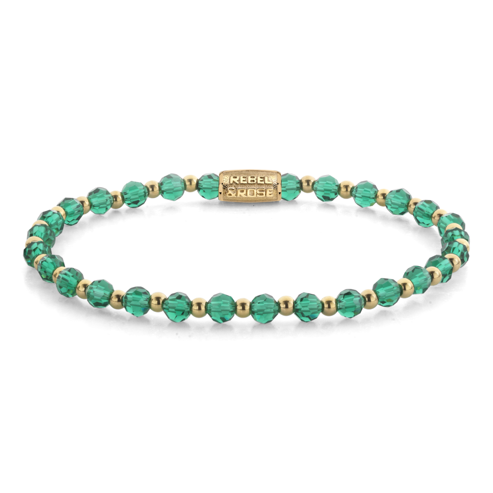 Armband van het merk Rebel & Rose. De armband heeft een hoogwaardige elastische stretch koord, met 4mm van Glas Rock, RVS ion-gold plated.