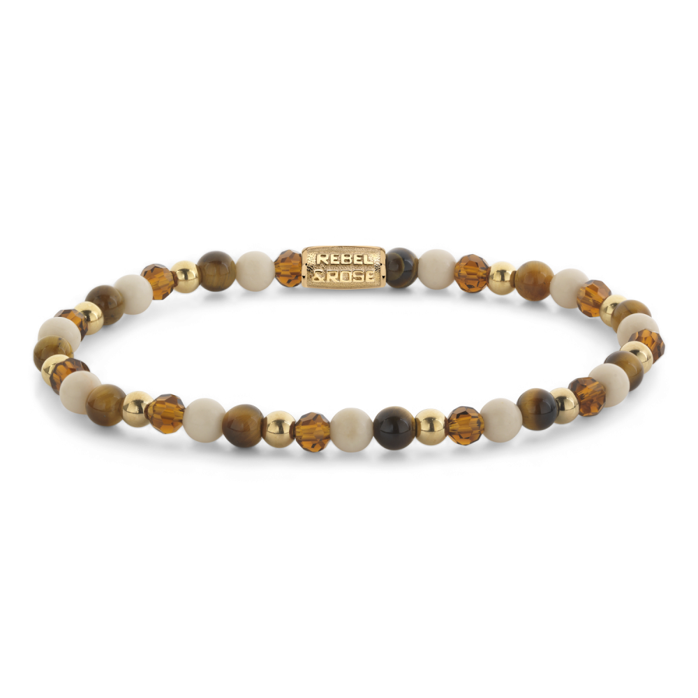 Armband van het merk Rebel & Rose. De armband heeft een hoogwaardige elastische stretch koord, met 4mm van Fossil, Tijgeroog Geel, RVS ion-gold plated, Glas Rock.