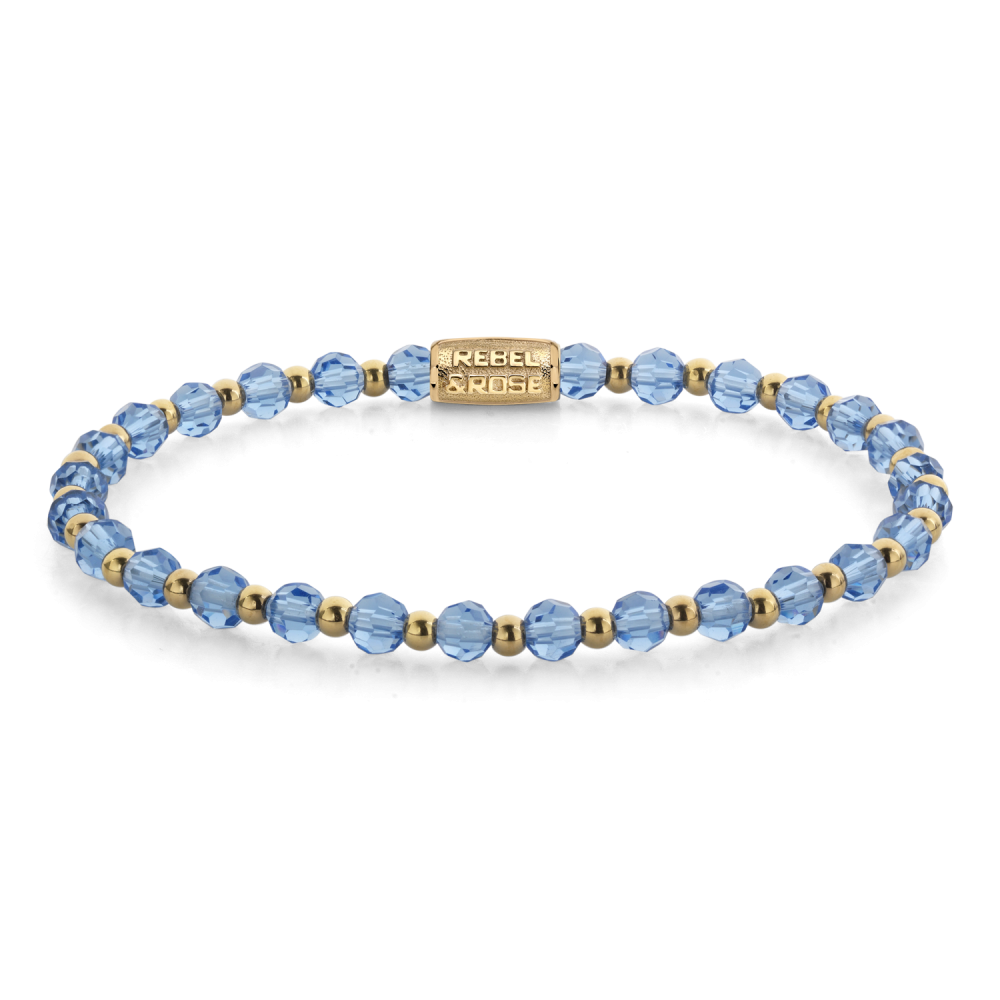 Armband van het merk Rebel & Rose. De armband heeft een hoogwaardige elastische stretch koord, met 4mm van Glas Rock, RVS ion-gold plated.