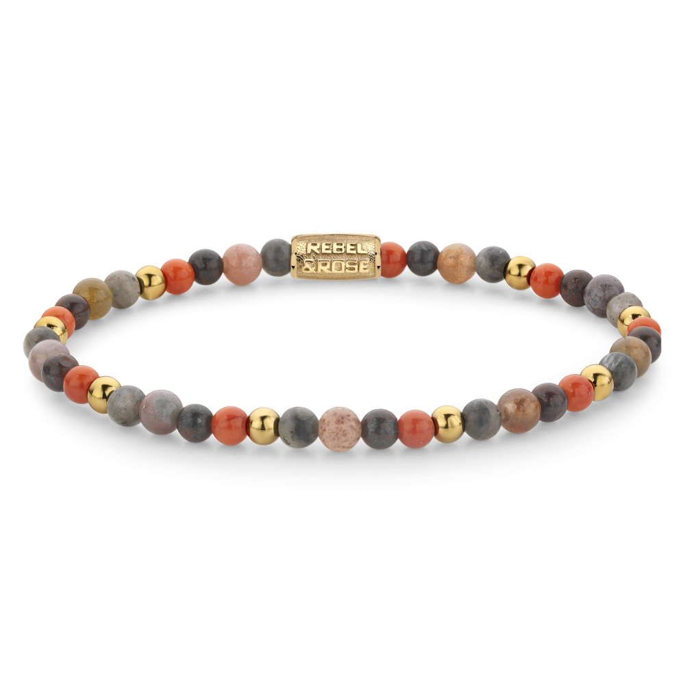 Armband van het merk Rebel & Rose. De armband heeft een hoogwaardige elastische stretch koord, met 4mm van Jasper, Agaat, Larvikiet, Hematiet.