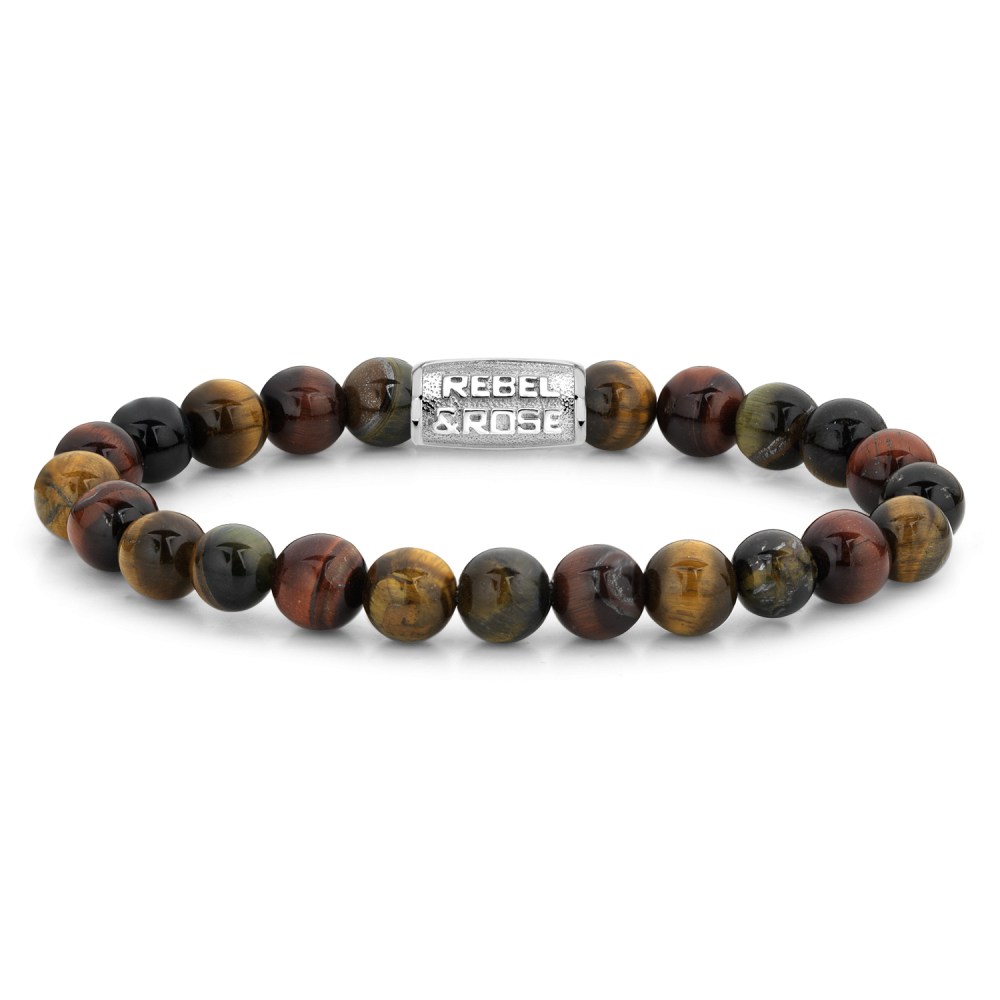Armband van het merk Rebel & Rose. De armband heeft een hoogwaardige elastische stretch koord, met 8mm van Tijgeroog 3-kleur.