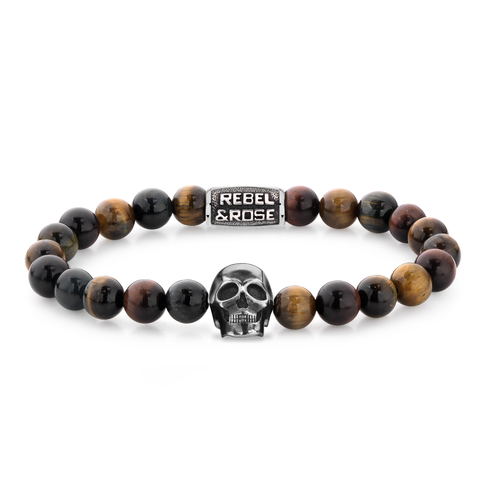 Bead armband, handgemaakt van 8mm natuurstenen kralen met een zilverkleurige sluiting en een skull van edelstaal. Het Rebel & Rose sieraad is makkelijk te combineren met andere zilveren, leren of kralenarmbanden.