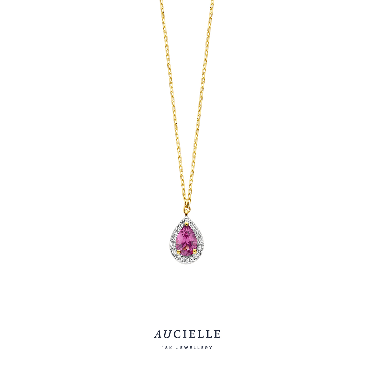 Aucielle collier peervormig pink garnet, met diamant