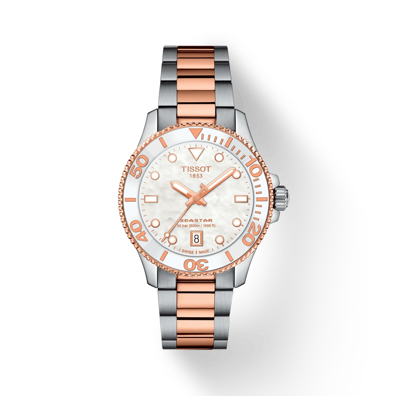 Dit Tissot horloge behoort tot de Seastar collectie.
Referentienummer: T120.210.22.111.00

De Tissot is voorzien van een quartz kaliber 10 1/2'" uurwerk. De kast en band zijn gemaakt van roestvrijstaal met een rosegouden pvd-coating. Het horloge heeft een diameter van 40 mm en is getest op een waterdichtheid tot 30 atm / 300 m, het horloge is hierom uiterst geschikt als duikershorloge. De wijzers en indexen zijn voorzien van Super-LumiNova®️ waardoor de blauwe wijzerplaat ook in het donker goed af te lezen is. Het horloge heeft een krasvrij saffierglas met antireflecterende coating.
