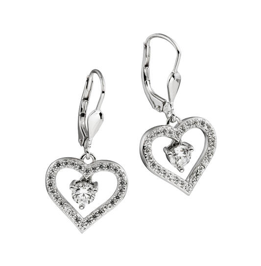 Zilver gerodineerde brisuur oorhangers met een hart, die bezet met glinsterende zirkonia's