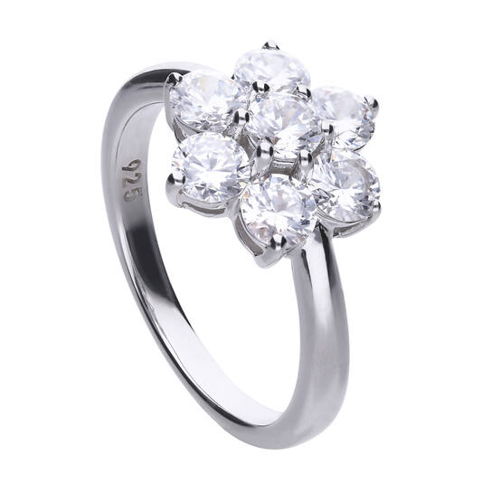 Gerodineerd zilveren ring met zeven zirkonia's gezein een bloemvorm