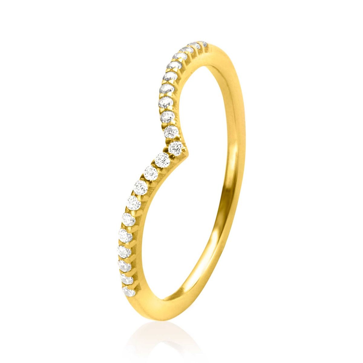De ZINZI Gold 14 krt gouden V-ring, model ZGR374-56, is een elegante ring van 1,4 mm breed. Versierd met 20 sprankelende witte zirconia's in een chique railzetting, straalt deze ring verfijning uit. Het beste te dragen als dagelijks accessoire voor een subtiele, maar luxueuze uitstraling. Perfect passend bij maat 56.