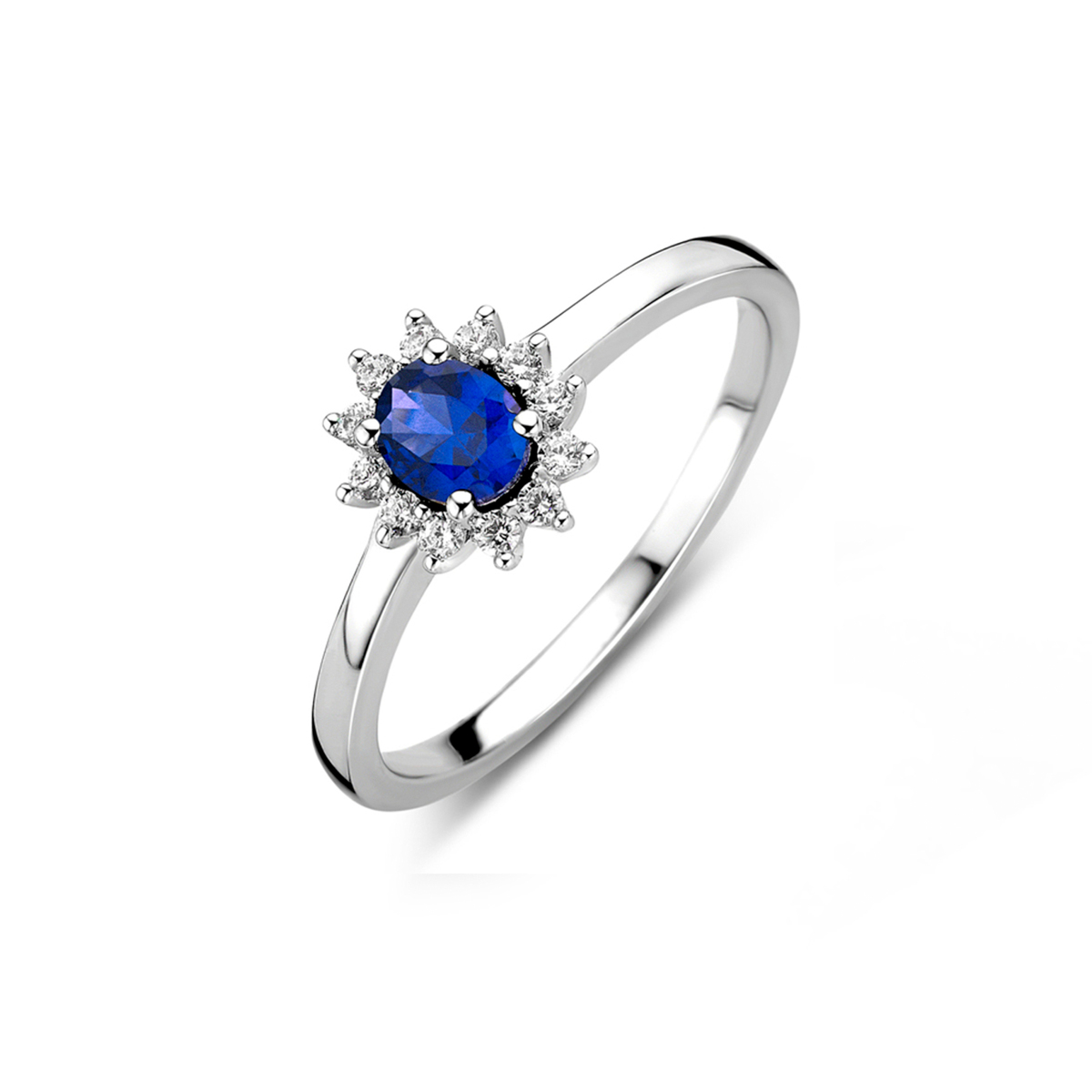 Prachtige zilveren ring met een blauwe midden zirkoon en rondom witte zirkonia steentjes, gemaakt van 925 sterling zilver en nikkelvrij. Draag deze elegante ring als een opvallend accessoire bij zowel dagelijkse als formele outfits voor een verfijnde en stijlvolle look. Verkrijgbaar in verschillende maten. Perfect om cadeau te geven!