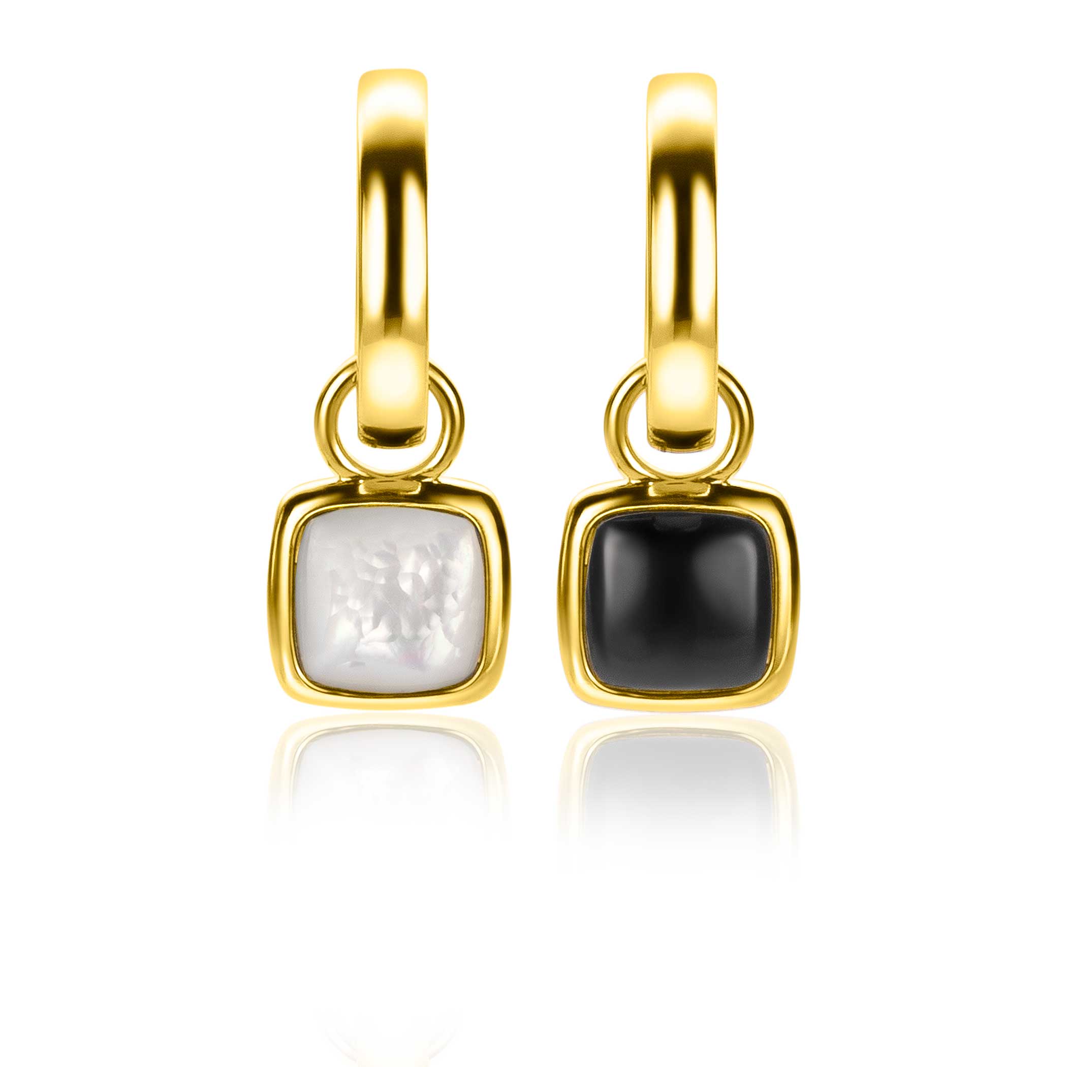 ZINZI zilveren oorbedels 14K geel verguld in carrévorm, aan de ene zijde bezet met glanzend wit parelmoer en aan de andere zijde met zwarte onyx. De oorbedel is 15 mm lang en 10 mm breed. De bedels hebben een rond hangoog, waarmee je ze sierlijk aan je ZINZI oorringen hangt. De oorbedels zijn exclusief de oorringen geprijsd. Vervaardigd van eerste gehalte zilver (925) en extra 14K geel verguld.