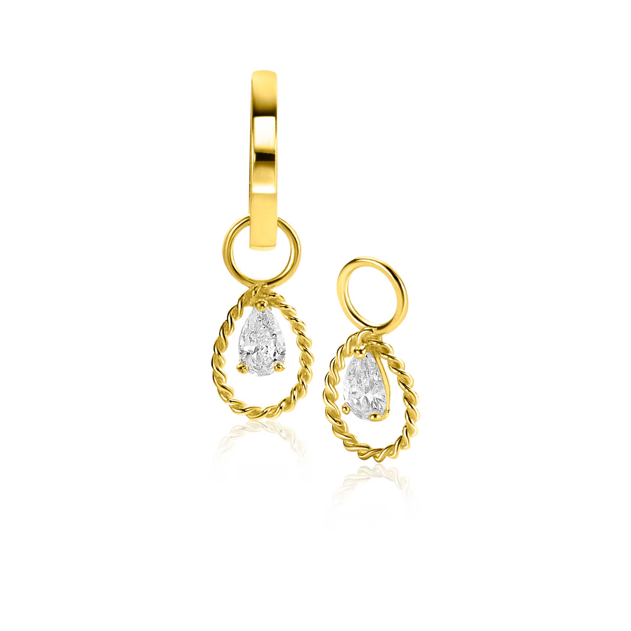 14mm ZINZI Gold 14 krt gouden oorbedels met open druppelvorm en peervormige witte zirconia ZGCH478 (zonder oorringen)