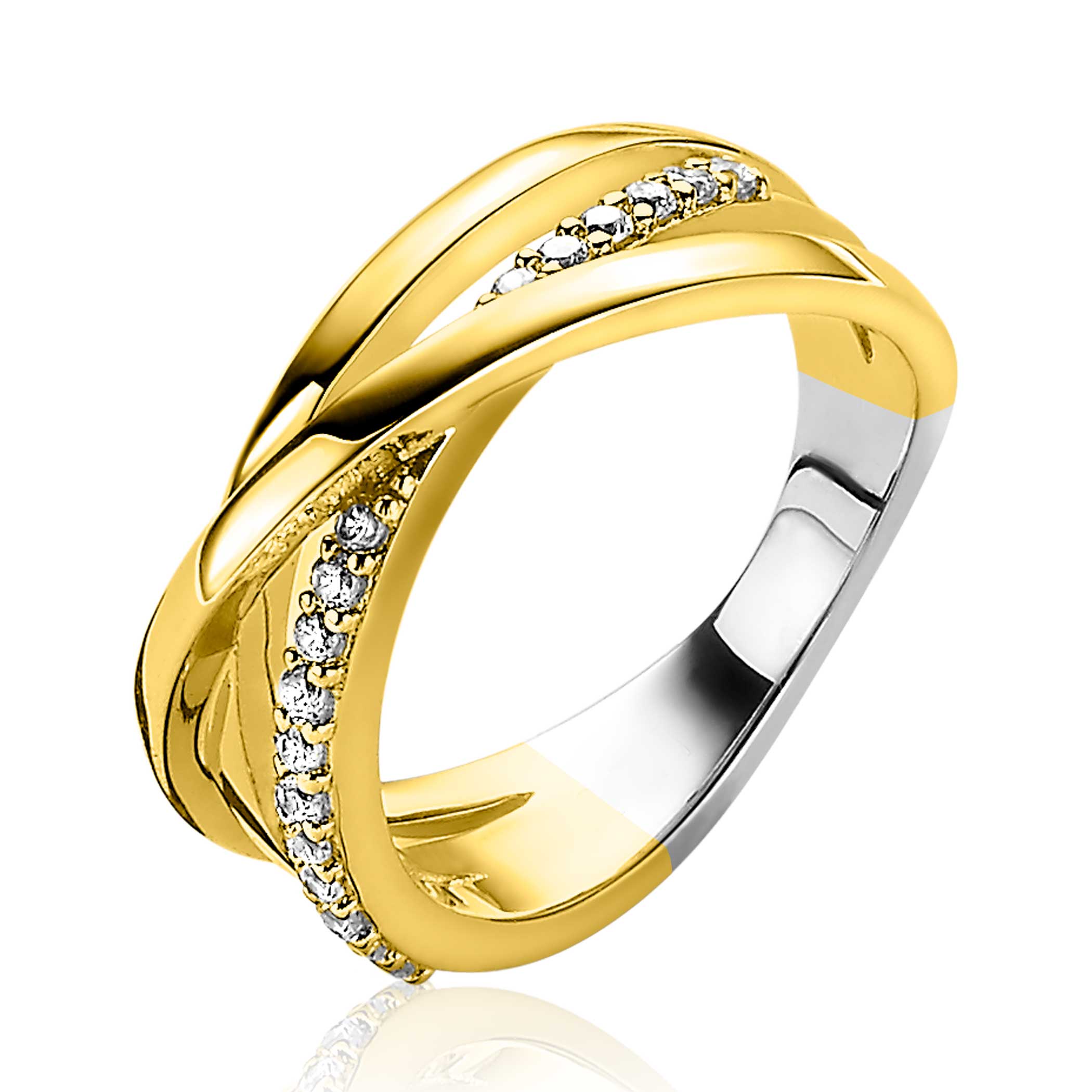 ZINZI gold plated zilveren luxe cross-over ring. Een mooie combinatie van drie ringen, waarbij de gladde ring over de vol bezette ring heen gaat. Vervaardigd van eerste gehalte zilver (925) en extra geel verguld