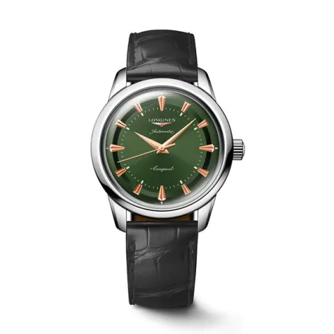 een heren polshorloge Longines model Conquest Heritage automaat met een groen wijzerplaat.